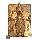 A Benin style relief cast plaque, the rectangular plaque with single warrior figure, with overall