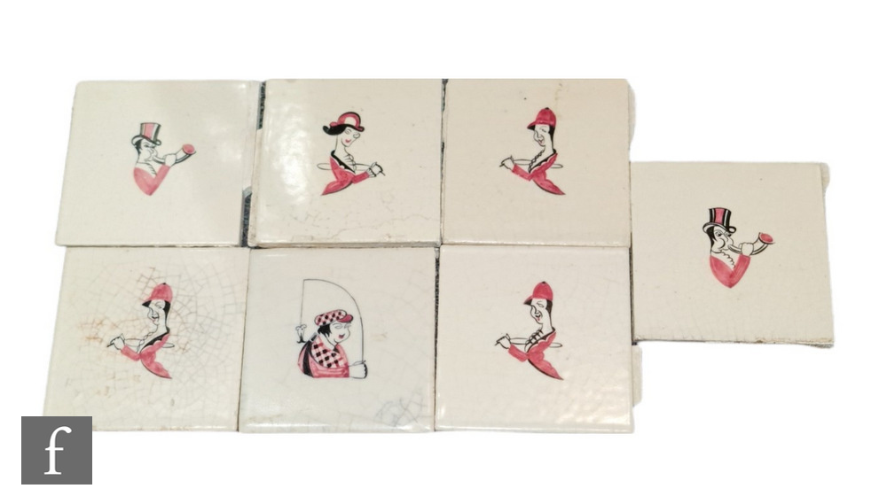 Seven Carter's Poole Pottery 6 inch tiles each decorated with a stylised caricature of a sporting