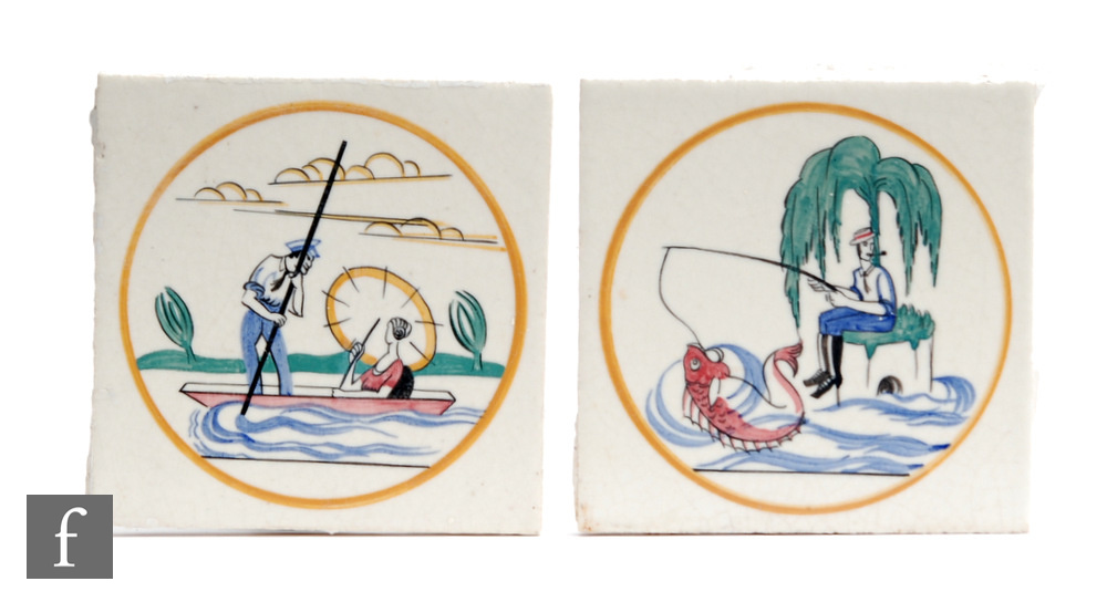 Two Carter's Poole Pottery 6 inch tiles from the Sporting series designed by Edward Bawden,