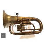 A brass Hawkers & Son horn, 61cm, A/F and a violin and two bows, cased. (4)