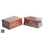 A 19th Century rosewood sarcophagal shaped tea caddy, lacking interior containers and mixing bowl,