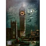 An early 20th Century moonlit clock picture of Big Ben and barges on the Thames, with mother of