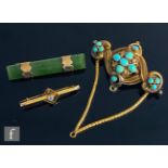 A Victorian memorial brooch with thirteen collar set turquoise, weight 12g, length 5cm, with a 9ct