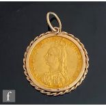 A Victorian jubilee head full sovereign dated 1887 loose within a 9ct pendant mount, total weight