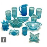 A collection of 19th Century Davidsons Blue Pearline pressed glass to include tumblers, posy