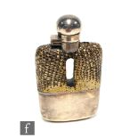 A hallmarked silver and snaked mounted glass hip flask with silver bayonet cap and sleeve, height