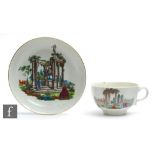 A late 18th Century Worcester teacup and saucer, transfer decorated and hand enamelled with an