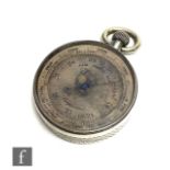 A Victorian hallmarked silver pocket barometer with silvered register and crown wind outer feet