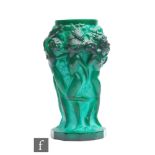 A later 20th Century Czech Desna glass vase in the Art Deco style, relief moulded with dancing