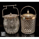 A late 19th Century clear pressed glass biscuit barrel of swollen cylindrical form with a repeat