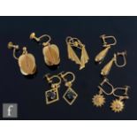 Five pairs of mid 20th Century 9ct drop earrings to include a stone set pair, total weight 10g,