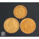 Two full sovereigns dated 1890 and 1908 with a half sovereign dated 1896. (3)