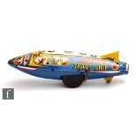 A Marx Moon Rider Space Ship tinplate toy, circa 1952, lithographed with pilots and passenger,