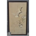 A late Qing Dynasty (1644-1911) Chinese panel, embroidered with mandarin duck in flight, before