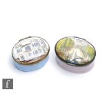 Two late 18th to early 19th Century Bilston type enamel pill or patch boxes, the first decorated