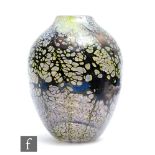 A contemporary studio glass vase of ovoid form with tapered collar neck, decorated with a black