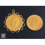 Two George V full sovereigns dated 1915 and 1925, one in a 9ct pendant mount, total weight 17.5g. (