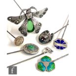 Three early 20th Century hallmarked silver hat pins, two with enamelled decoration, James Fenton and