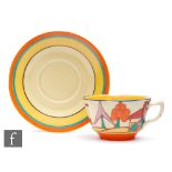 Clarice Cliff - Seven Colour Trees & House - An Athens shape tea cup and matched saucer circa