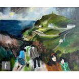 Gill Watkiss - Approaching Storm, Cape Cornwall, windswept figures walking to a coastline with