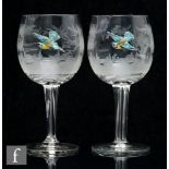Moser - A pair of clear crystal wine glasses, the optic ribbed ovoid bowl engraved with a tree