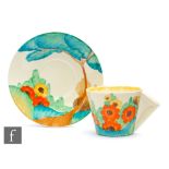 Clarice Cliff - Fragrance - A Conical shape coffee cup and saucer circa 1935, hand painted with a