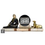 Unknown - A French Art Deco clock, circa 1930s, the black, white and variegated marble with a