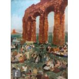 French School (circa 1950) - Figures picnicking beneath a ruined Roman aquaduct, gouache