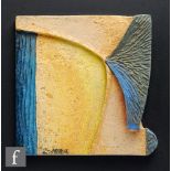 Mira - A contemporary abstract ceramic plaque in tones of blue and yellow, mounted to a square black