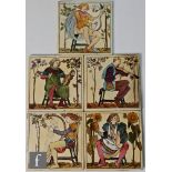 Copeland - Five 6 inch tiles from the Musicians series, pattern no. 920, each with a coloured