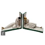 Robj - A pair of 1920s Art Deco porcelain bookends modelled as Pierrot and Pierrette, each love sick
