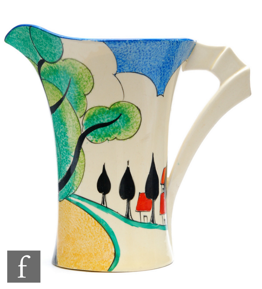 Clarice Cliff - May Avenue - A large Daffodil shape jug circa 1933, hand painted with a scene of a