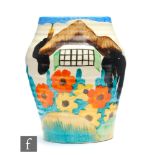 Clarice Cliff - Tralee - A shape 569 vase circa 1935, hand painted with a stylised thatched