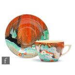 Clarice Cliff - Forest Glen - A Lynton shape tea cup and saucer circa 1935, hand painted with a