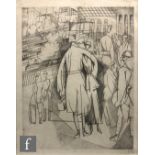 Labrune - Figures on a railway platform, etching, signed indistinctly in pencil, numbered 1/8,