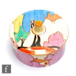 Clarice Cliff - Blue Autumn - A cylindrical powder box and cover circa 1930, hand painted with a