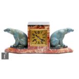 Unknown - A French Art Deco mantle clock, with square dial and Arabic numbers set to the twin tone