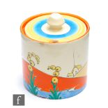 Clarice Cliff - Bridgewater - A drum shaped preserve circa 1934, hand painted with a stylised