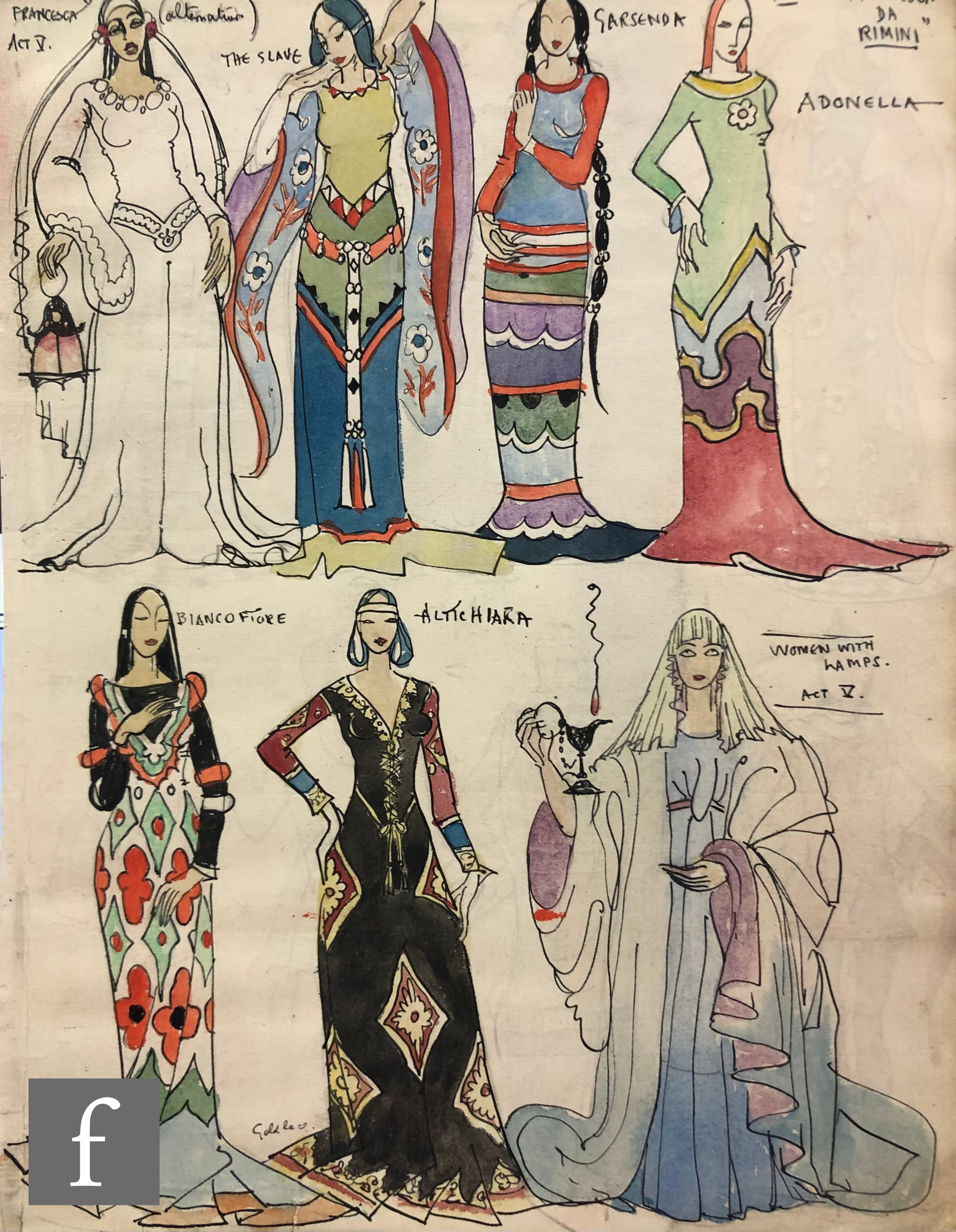 Albert Wainwright (1898-1943) - A sketch depicting costume designs for various female characters