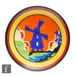 Clarice Cliff - Applique Windmill - A circular dish form plate circa 1932, hand painted with a