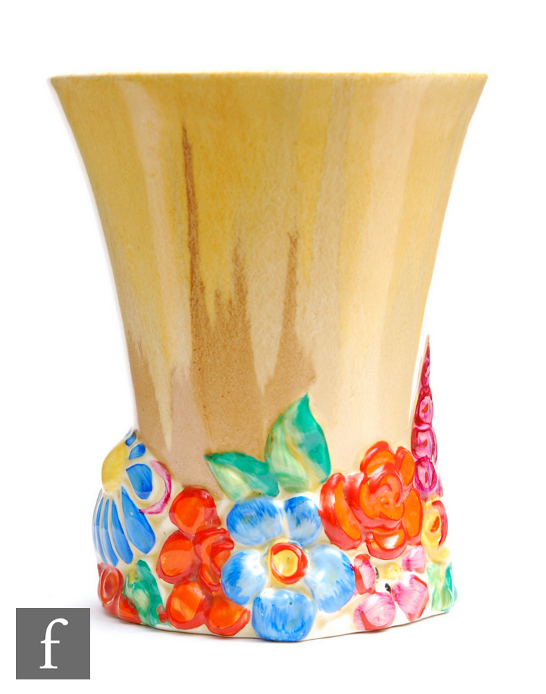 Clarice Cliff - My Garden - A shape 675 vase circa 1936, the base relief moulded with flowers and