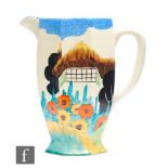 Clarice Cliff - Tralee - An Athens shape jug circa 1935, hand painted with a thatched cottage to a