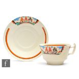 Clarice Cliff - Kew - An Athens shape tea cup and saucer circa 1932, hand painted with a shoulder