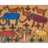 Katala Flai Shipipa (Angolan, 1954) - Elephants and Birds, gouache, signed with monogram, framed,