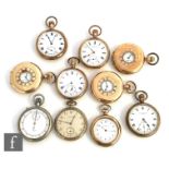 Ten assorted gold plated and yellow metal pocket watches to include half hunter, open faced, Waltham