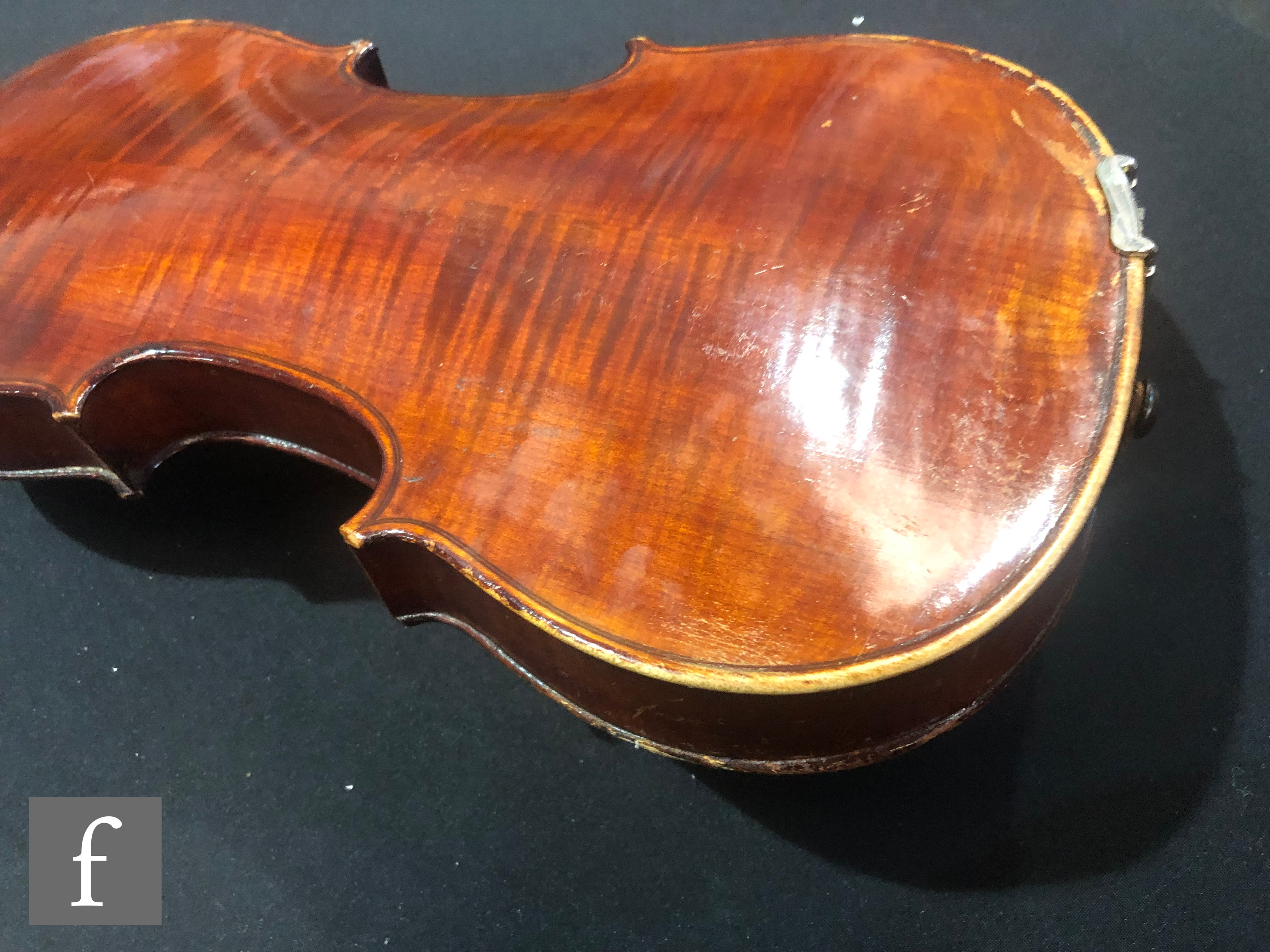 A late 19th Century German violin, length 36cm, and a bow, in later black zip case. - Image 13 of 16