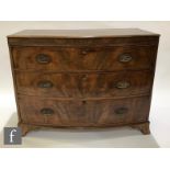 A George III mahogany bow-fronted chest of three cock-beaded drawers, raised to bracket feet, height