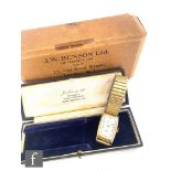 A 9ct hallmarked J.W. Benson wrist watch, Roman numerals to a cushioned rectangular dial, diameter