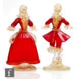 A 20th Century Murano glass male figure in period costume, with applied decoration in ruby and