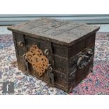 A 19th to early 20th Century cast iron Armada chest of rectangular strap form, false front and